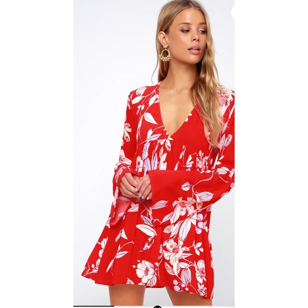 Free People Bella Red Floral Print Tunic V-Neck Bell Sleeve Small